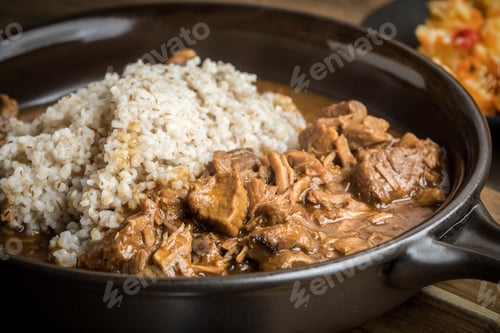 Preview: Barley groats with stewed meat.