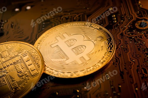 Preview: Golden coins with bitcoin symbol on a mainboard.