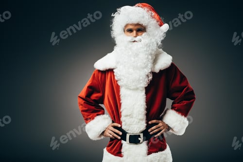 Preview: confident santa claus in costume standing with hands on waist isolated on grey background