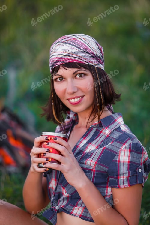 Preview: Travel And Camping - Portrait Of Young Slim Sportive Woman Tourist Brunette At The Beautiful Nature