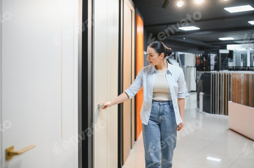 Preview: Customer opening door in hardware store, choosing interior design elements