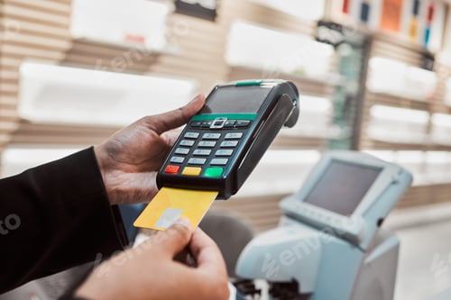 Preview: Hands, credit card and machine for banking transaction, ecommerce or payment at clinical store. Han