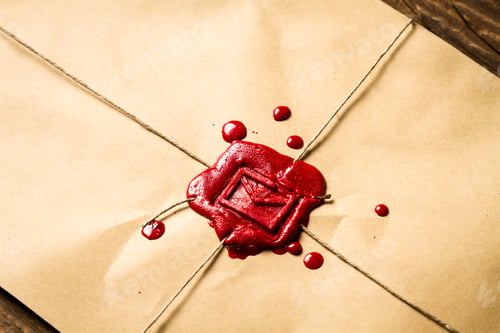 Preview: Close-up on an envelope with red sealing wax and old thin rope