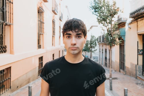 Preview: Young Man in City Street Looking at Camera
