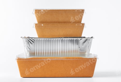Preview: Assortment of food delivery containers on white background