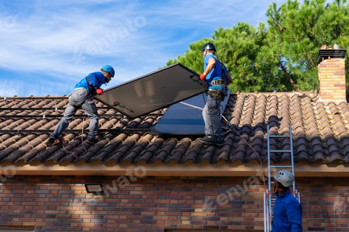 Preview: Three workers installing solar panels on a roof. Renewable energy