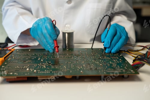 Preview: Close up of Technician measuring voltage electronic circuit board