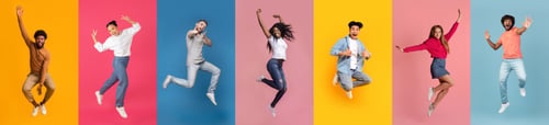 Preview: Group of excited young people mid-jump against colorful backgrounds
