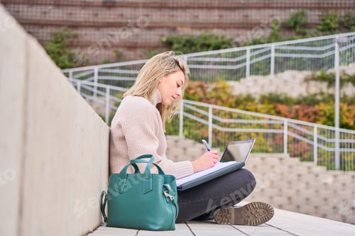 Preview: teenager girl student using laptop computer modern technology device outdoor