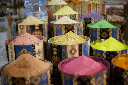 Preview: Colorful counter with tea and spices at Turkey market
