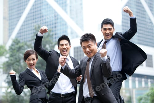 Preview: Excited business persons punching the air and celebrating, Hong Kong