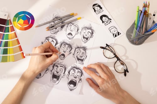 Preview: Artistic Designer’s Desk with Modern Equipment artist sketching in pencil