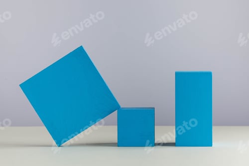 Preview: Geometric blue shapes. Abstract shapes. Empty podiums for your product. Minimalism. Copy space.