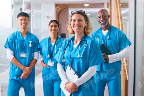 Preview: Portrait Of Smiling Multi Cultural Medical Team Wearing Scrubs In Modern Hospital