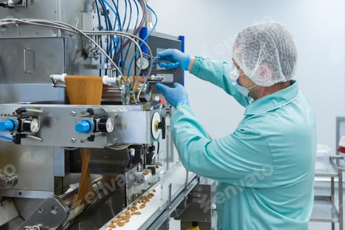 Preview: Pharmacy industry factory man worker in protective clothing in sterile working conditions