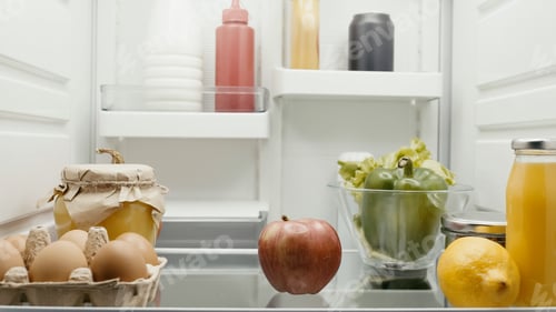 Preview: fresh fruits and vegetables near eggs, orange juice and bottles with sauces in fridge
