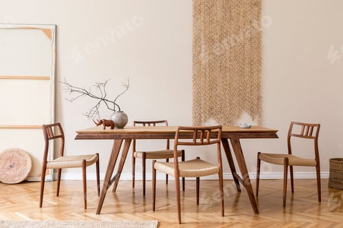 Preview: Stylish beige interior of modern dining room with design wooden oak table.