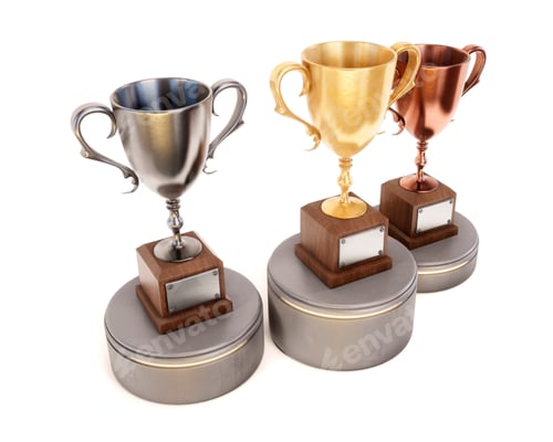 Preview: Three Cup winners on the podium isolated on white background. 3d