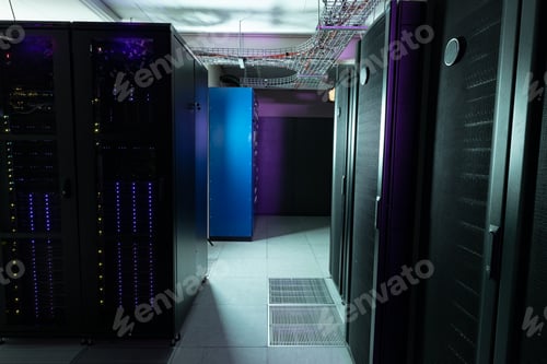Preview: Data center with multiple rows of fully operational server racks