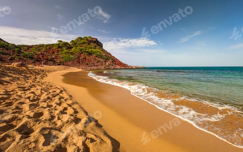 Preview: Aerial drone view of Cala del Pilar beach scenery of Menorca, near Ferreries