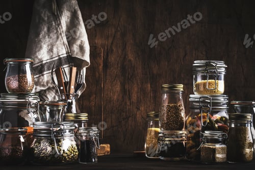 Preview: Stocks or set of cereals, pasta, groats, organic legumes and useful seeds in glass jars
