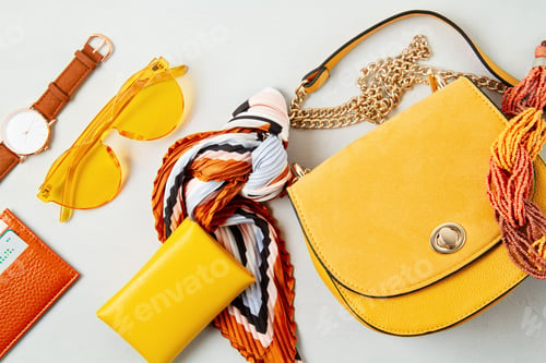 Preview: Flat lay with woman fashion accessories in yellow colors. Fashion blog, summer style, shopping and
