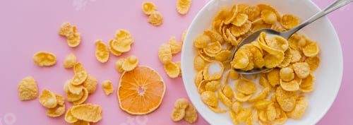 Preview: top view of dried oranges near bowl with corn flakes and organic milk on pink, banner