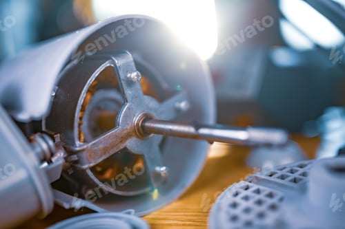 Preview: Close-up of iron motor from home cooling fan lies on a table