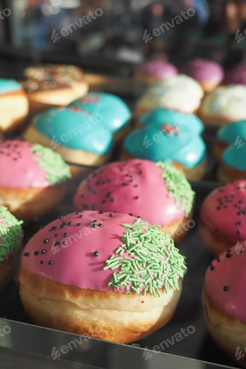 Preview: chocolate donuts display for sale at local store