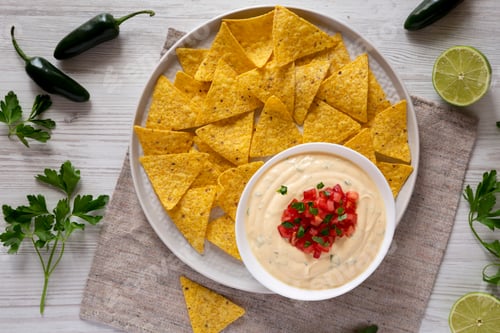Preview: Homemade cheesy dip with yellow tortilla chips over white wooden surface, overhead view.