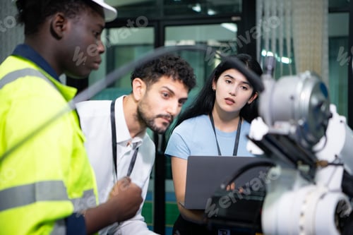 Preview: Technicians are introducing industrial hand robots to businessperson of factory industry