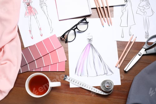 Preview: Sketches of stylish clothes and other fashion designer`s supplies on wooden table, flat lay