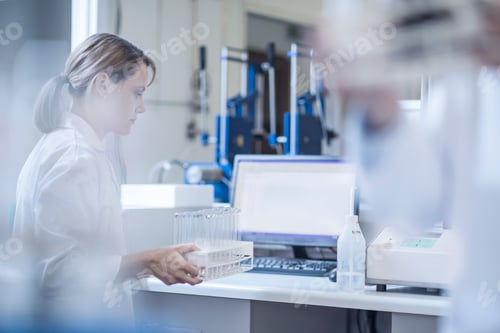 Preview: Woman in laboratory, holding rack of test tubes
