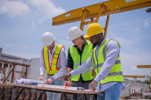 Preview: Engineers wearing safety helmets and reflective vests working site large overhead crane