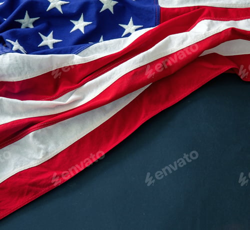 Preview: USA Flag on black background, copy space. American holiday template, overhead