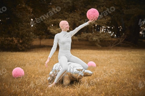 Preview: Young hairless girl with alopecia in white cloth sits on tardigrade figure in fall park