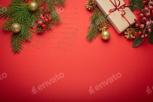 Preview: Christmas Decorations and Gift Box on Red Background