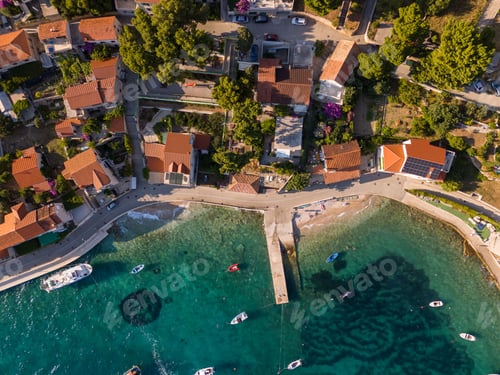 Preview: Aerial view of Bol at Brac Island with boats and coastal houses. Croatia