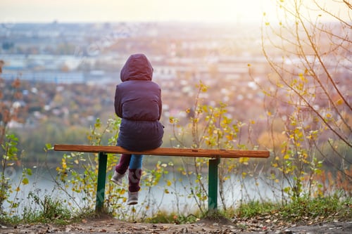 Preview: Young woman sitting on bench in autumn city park and looking at cityscape, back view