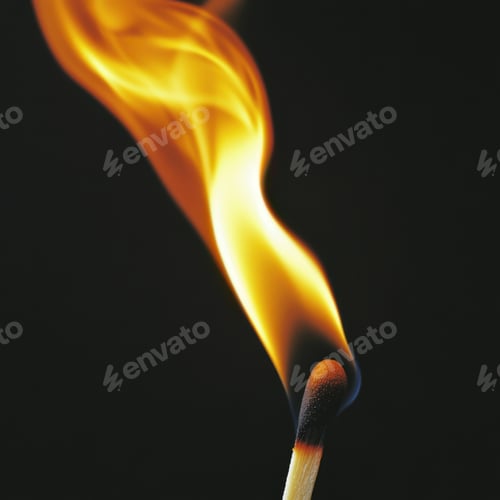 Preview: A close-up of a burning matchstick on a black background, with the flame glowing brightly