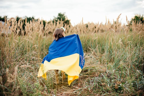 Preview: Ukrainian child girl in embroidered shirt vyshyvanka with yellow and blue flag of Ukraine in field.