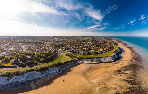 Preview: Drone aerial view of the beach and white cliffs, Margate, England, UK
