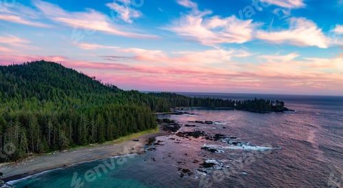 Preview: Rocky and Sandy shore on Pacific Ocean West Coast. Sunset. Vancouver Island, BC, Canada.