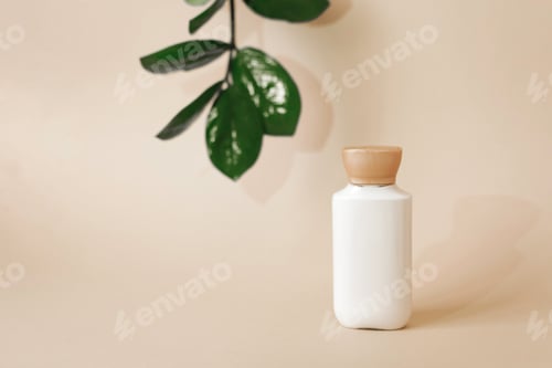 Preview: Natural organic cosmetic packaging plastic, layout with leaves in the background