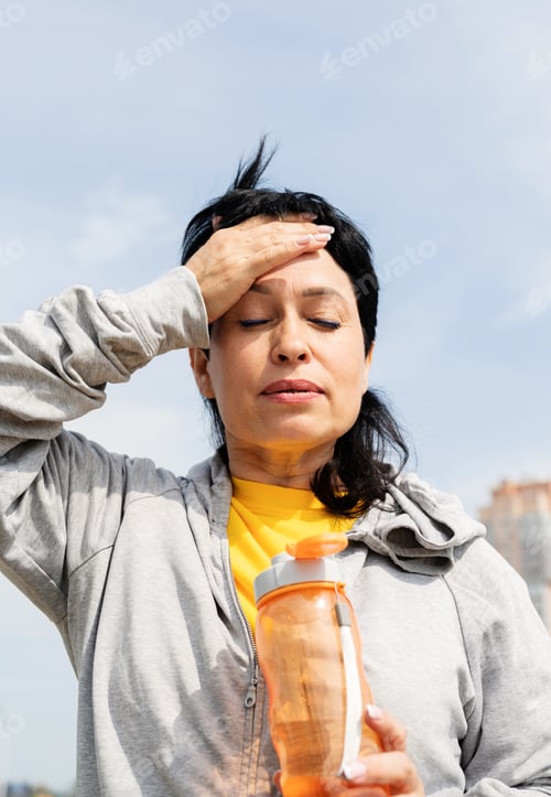 Preview: senior woman wiping out sweat after hard workout outdoors in the park