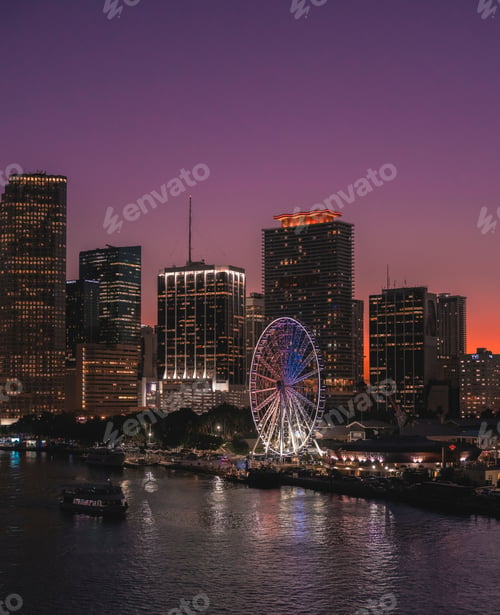Preview: the city skyline at night with a ferris wheel in front