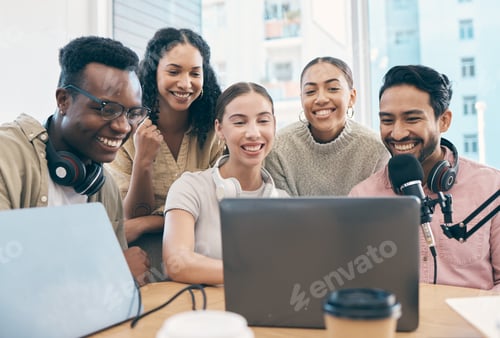 Preview: Men, woman and happy with laptop, podcast and reading for chat, creativity or opinion on live strea