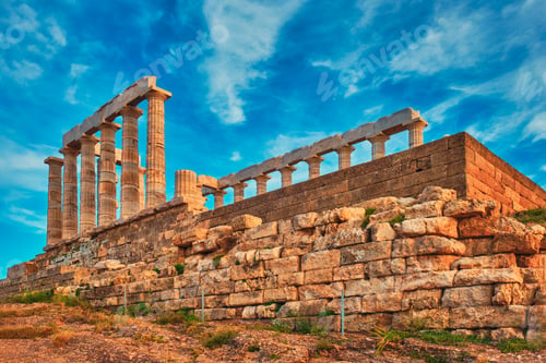 Preview: Poseidon temple ruins on Cape Sounio on sunset, Greece