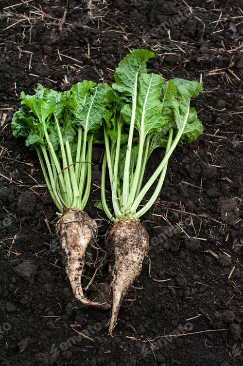 Preview: two ripe sugar beets close up lying on the soil ground
