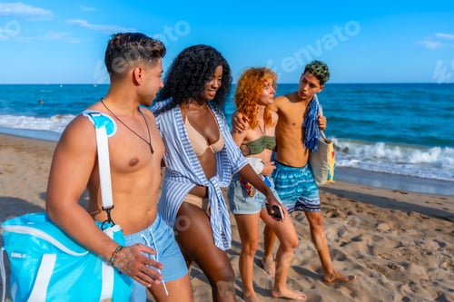 Preview: Friends walking on the beach, enjoying summer vacation